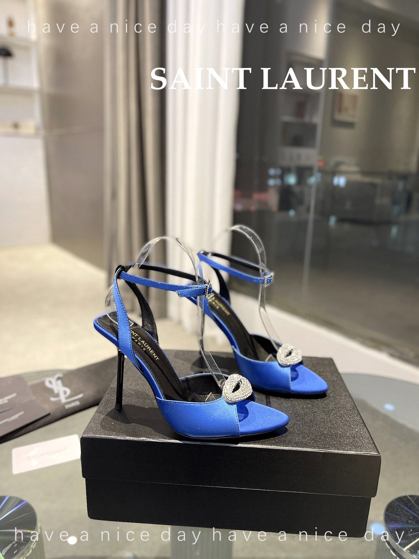 SL AYERS CRYSTAL SANDAL COBALT SATIN