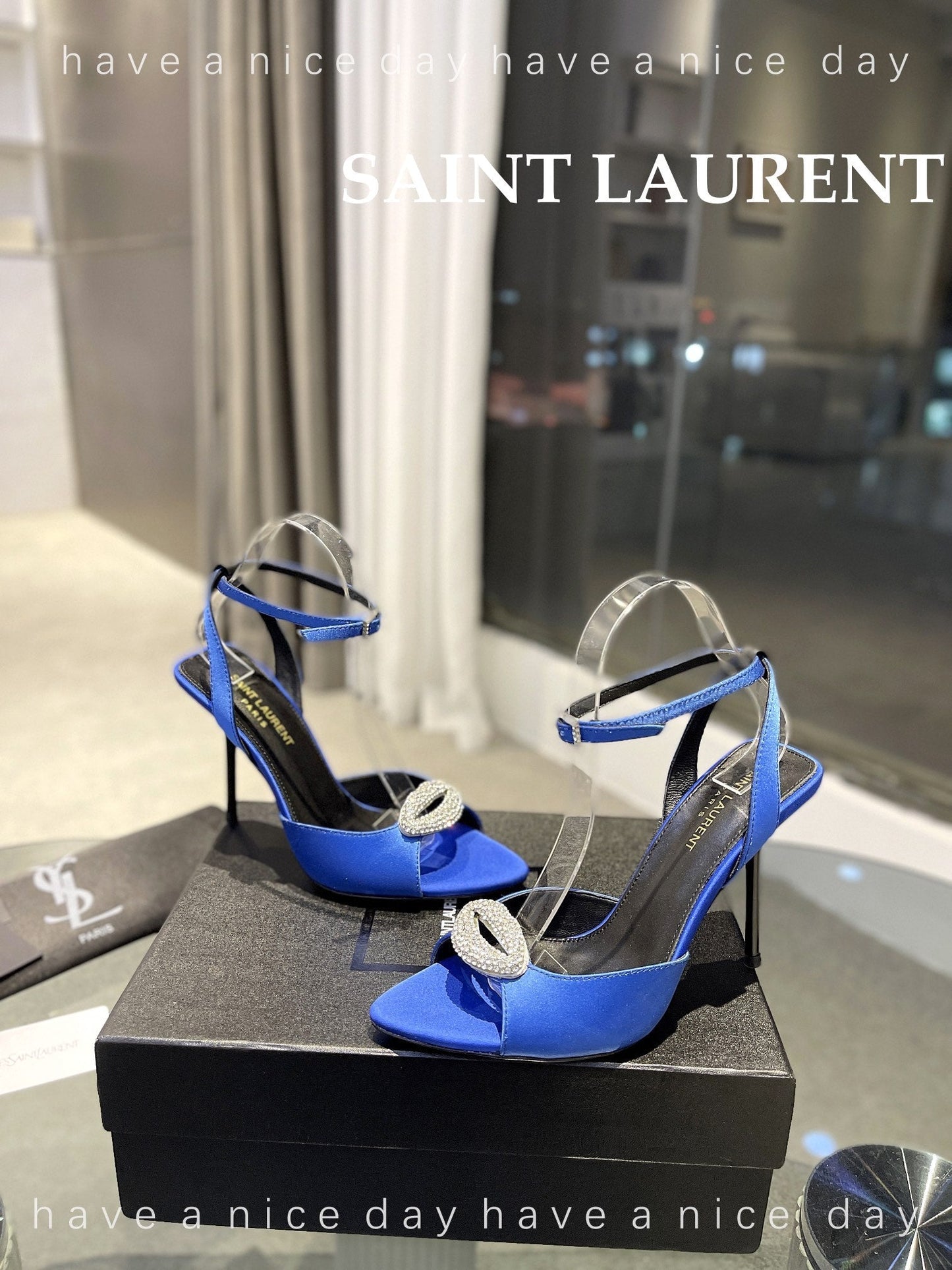 SL AYERS CRYSTAL SANDAL COBALT SATIN