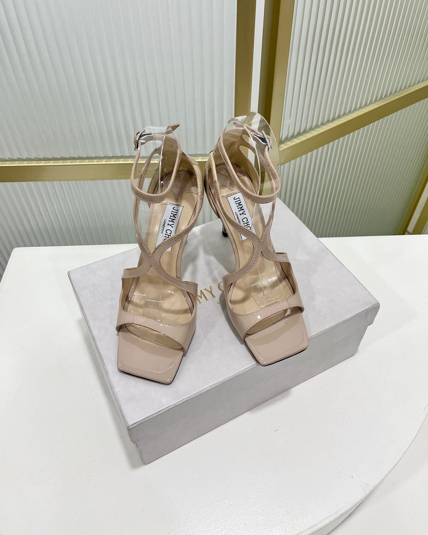 Jimmy Azia 95 In Light Beige Pink Glossy Cowhide Sandals 587703