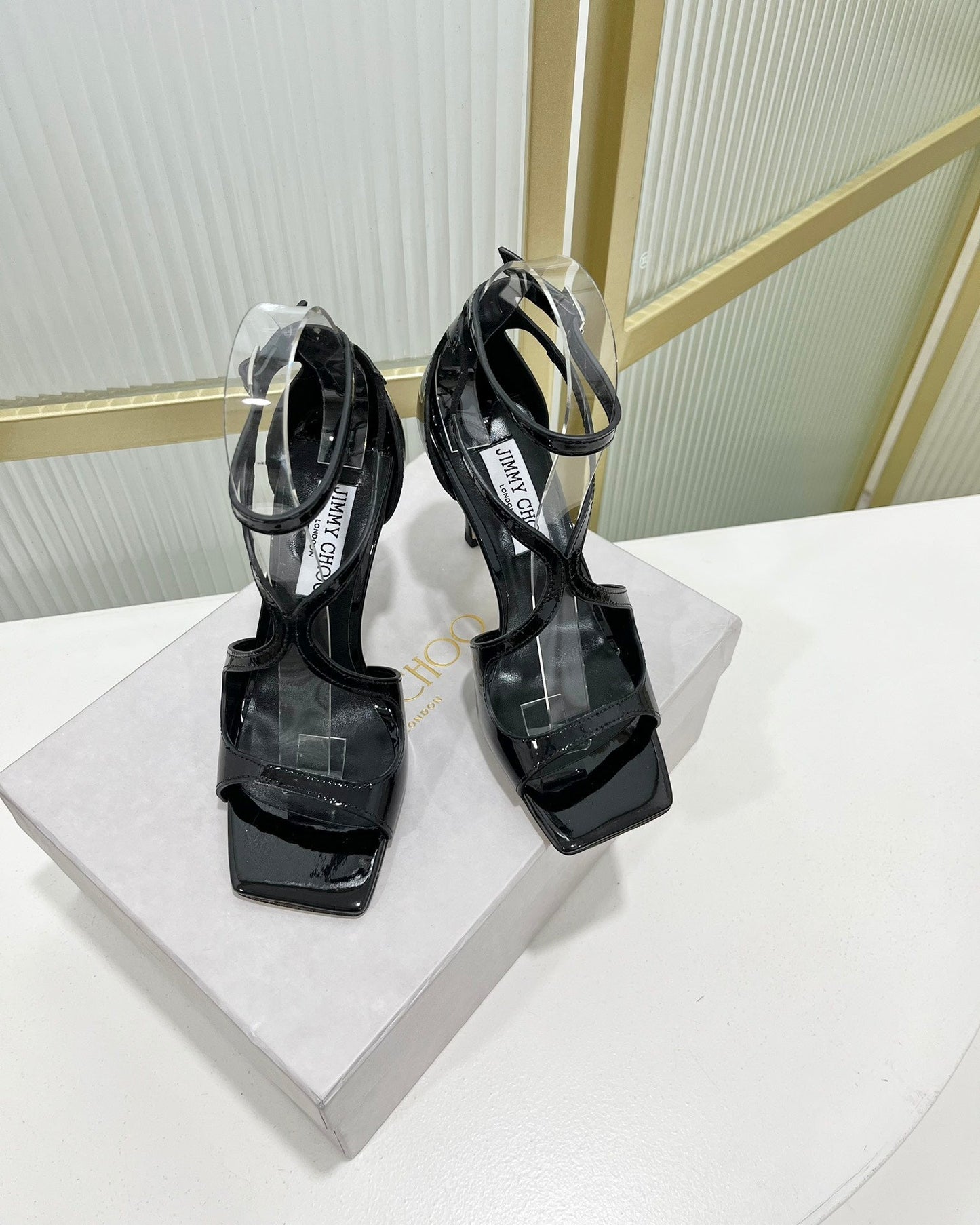 Jimmy Azia 95 In Black Glossy Cowhide Sandals 587707