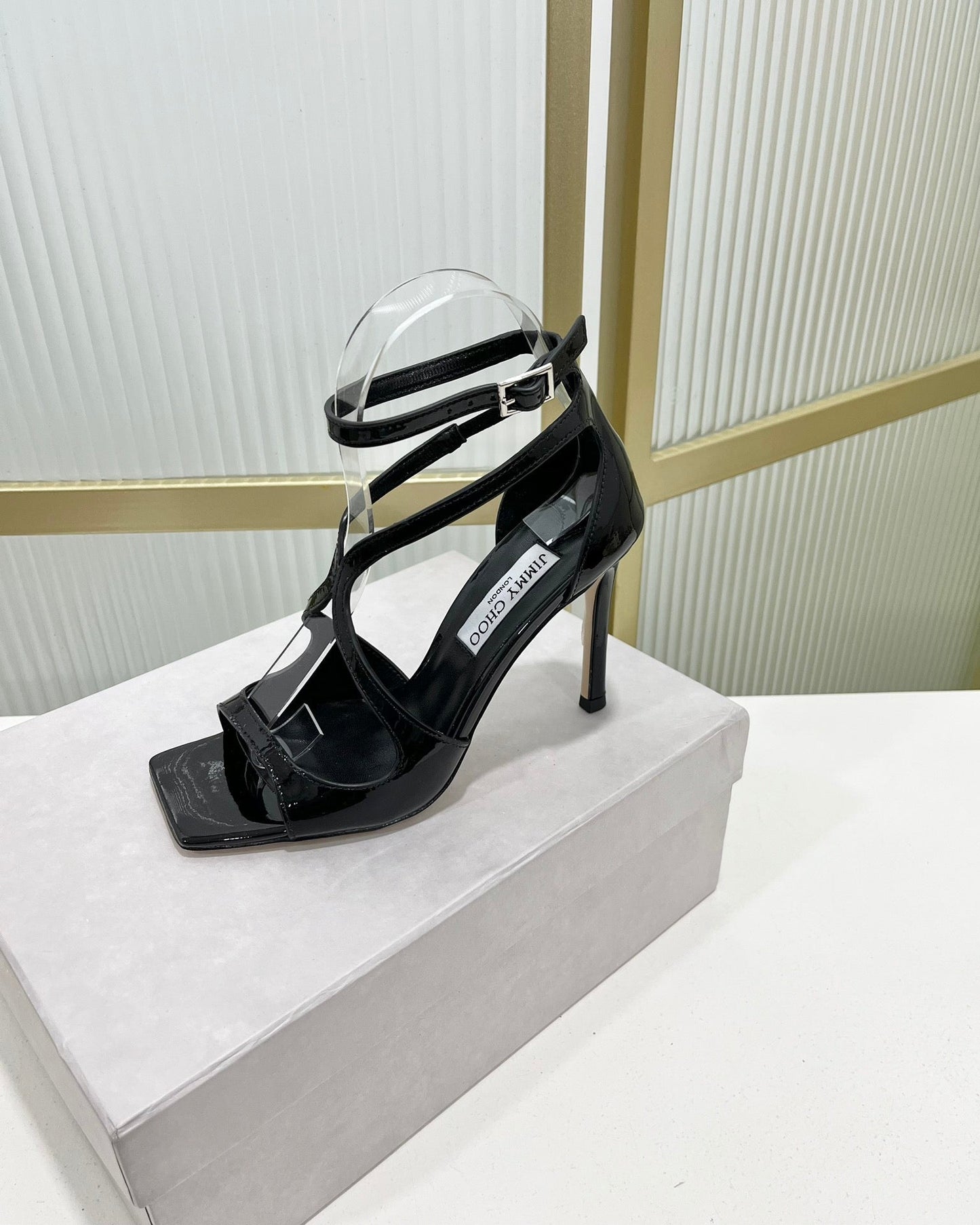 Jimmy Azia 95 In Black Glossy Cowhide Sandals 587707