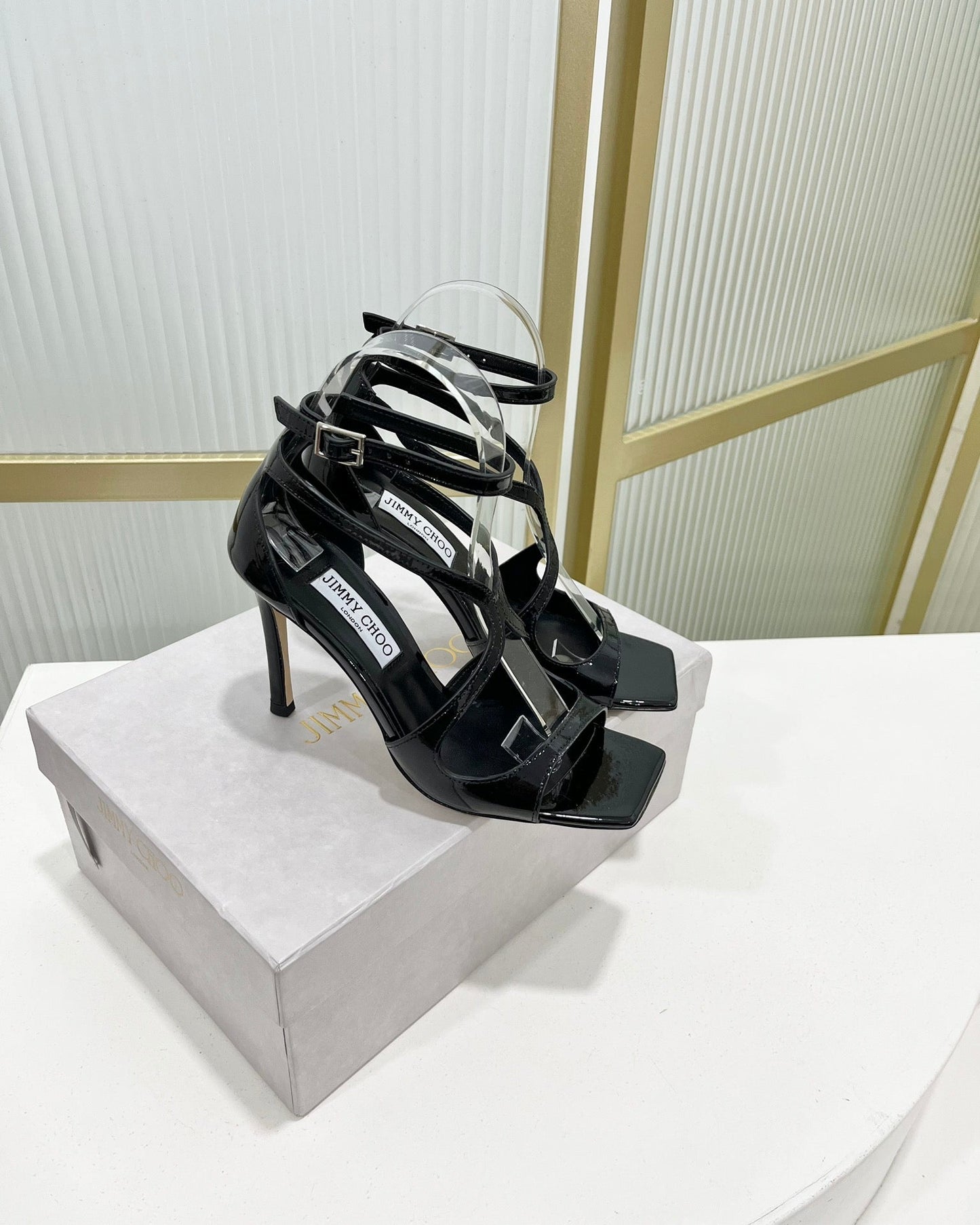 Jimmy Azia 95 In Black Glossy Cowhide Sandals 587707