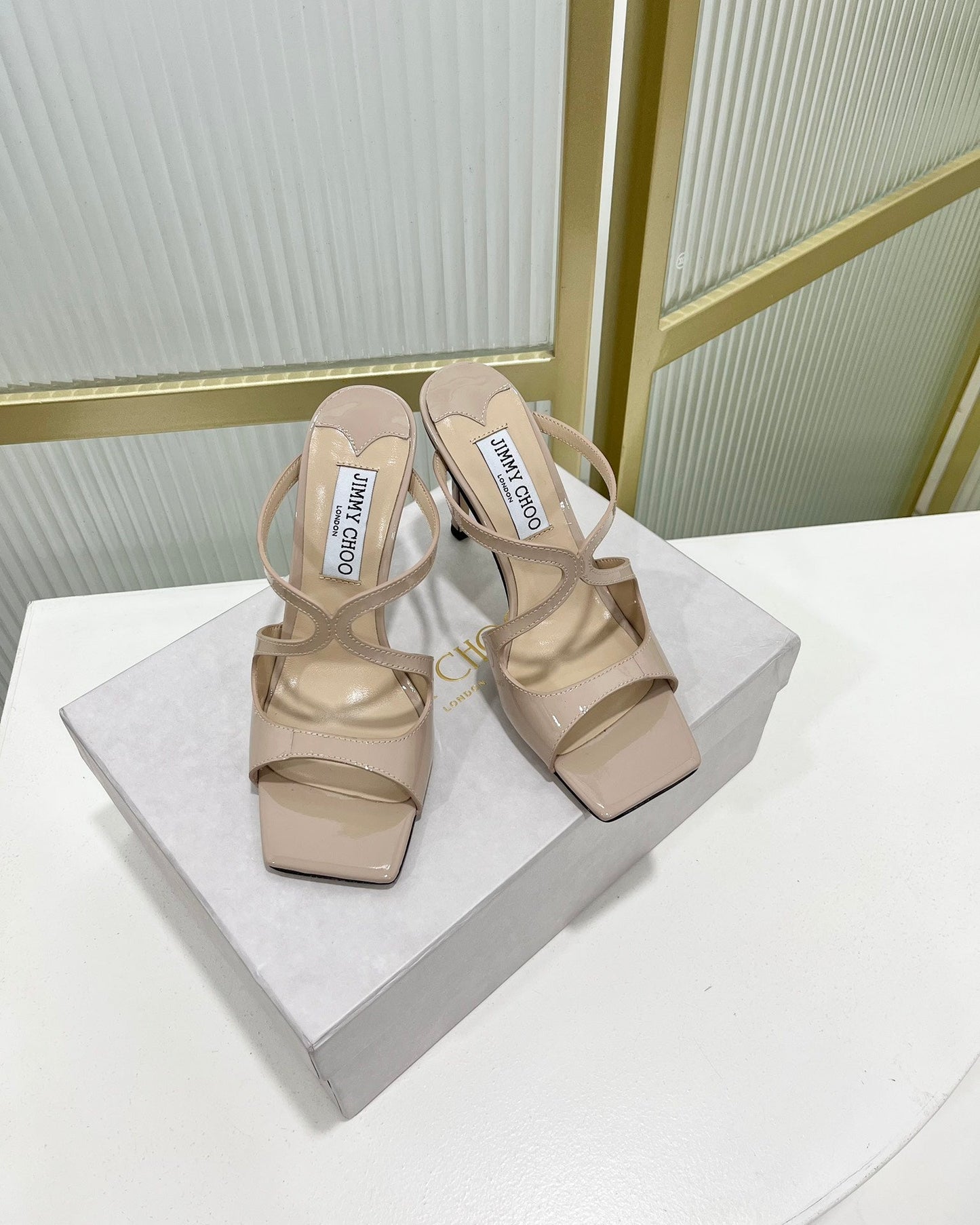 Jimmy Anise 85 In Light Pink Beige Glossy Cowhide Mules 587690