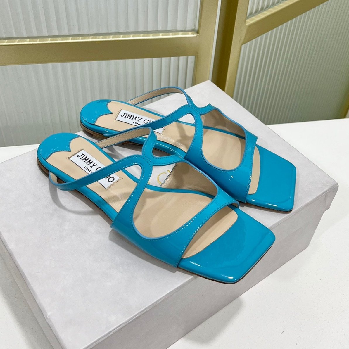 Jimmy Sandals In Blue Turquoise Glossy Cowhide 587681