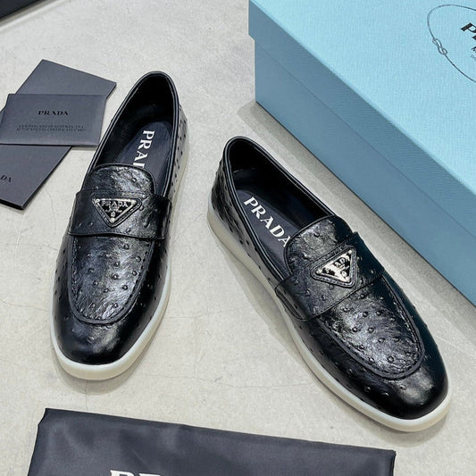 PRA OSTRICH PATTERN LOAFERS BLACK CALFSKIN