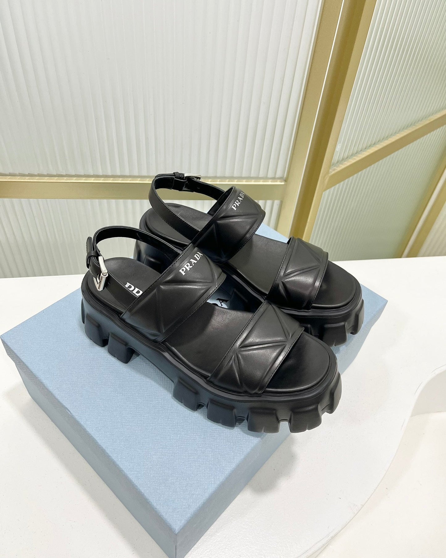 PRA MONOLITH PLATFORM SANDALS BLACK CALFSKIN