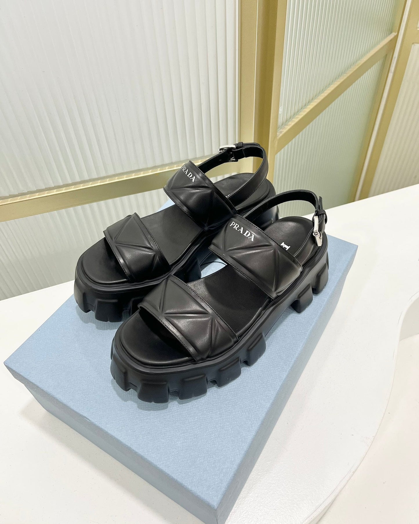 PRA MONOLITH PLATFORM SANDALS BLACK CALFSKIN