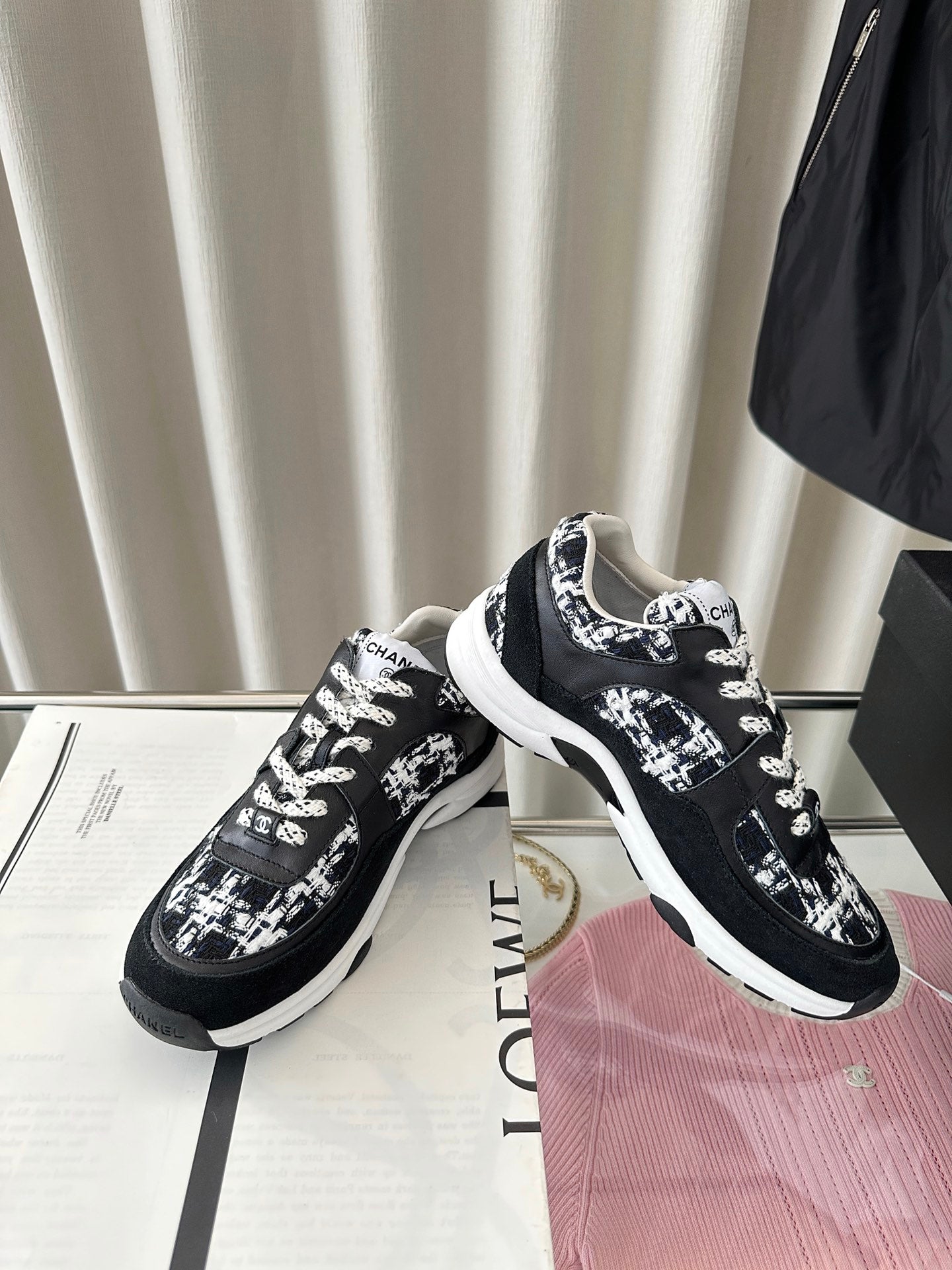 cc sneaker black white tweed black calfskin suede calfskin