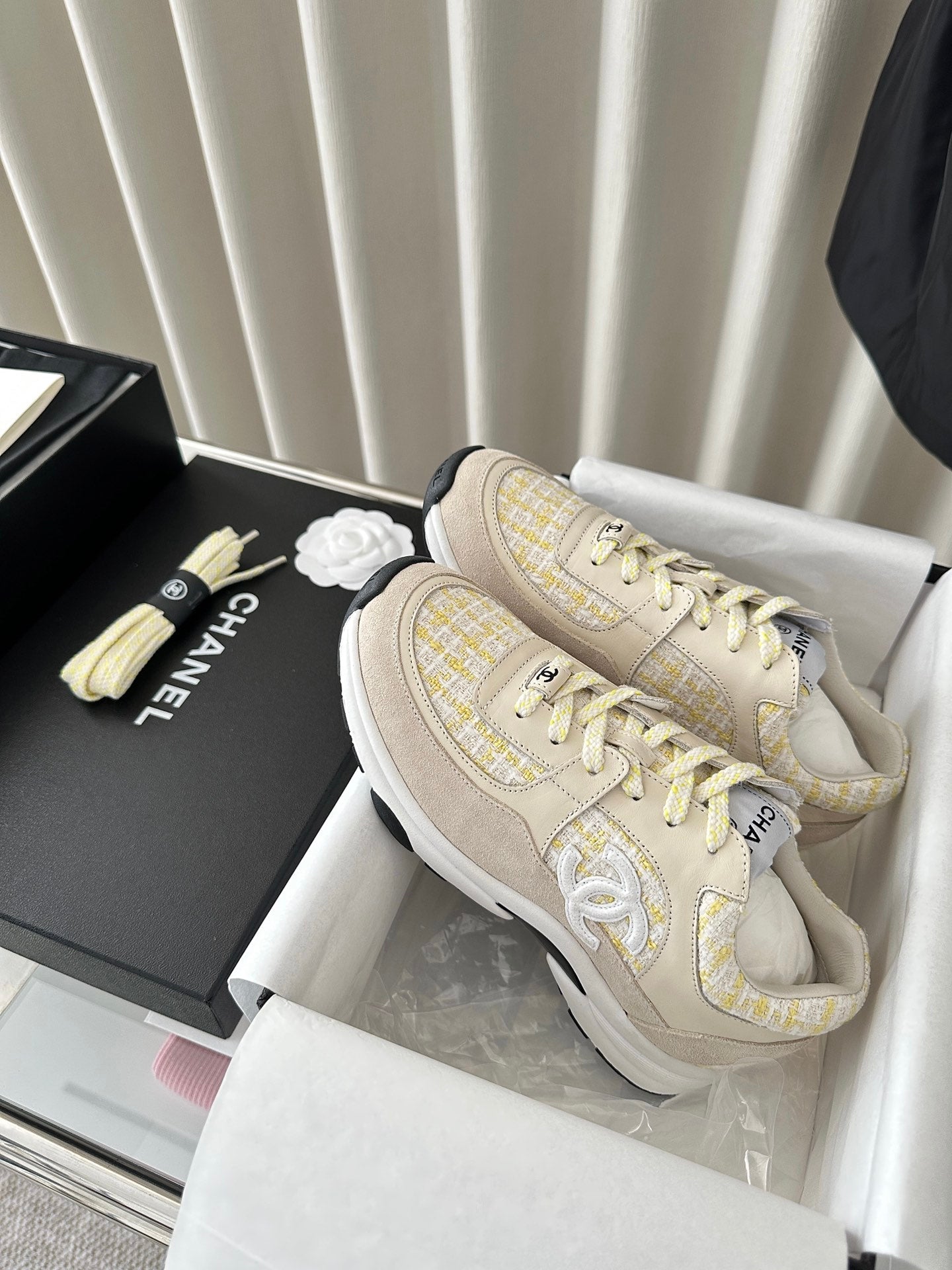 cc sneaker white yellow tweed dark cream calfskin