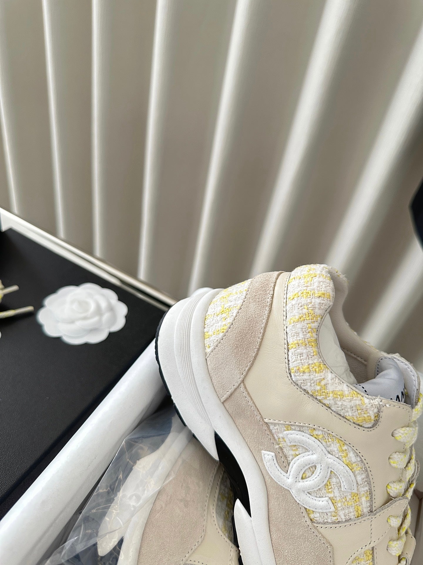 cc sneaker white yellow tweed dark cream calfskin