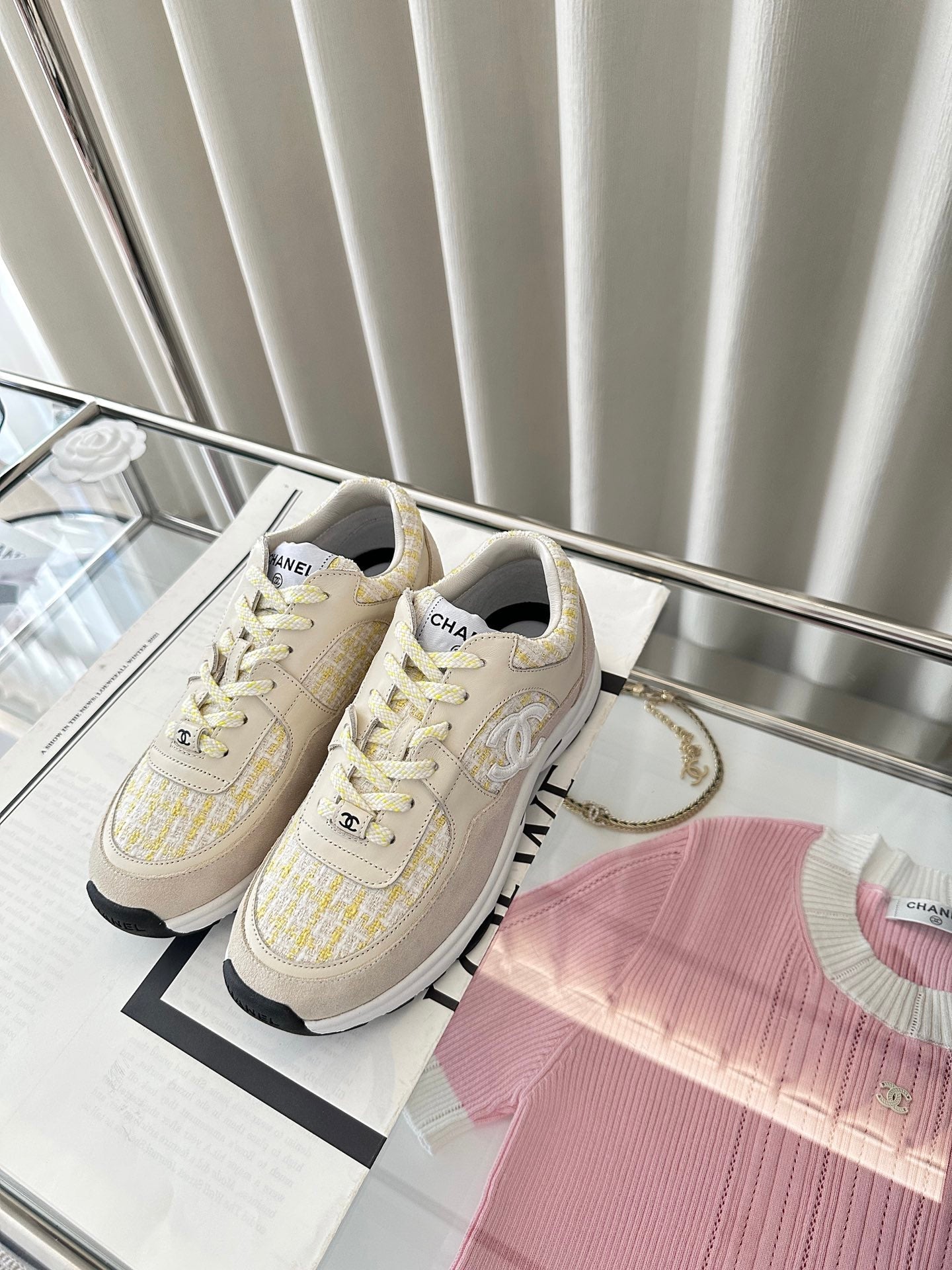 cc sneaker white yellow tweed dark cream calfskin