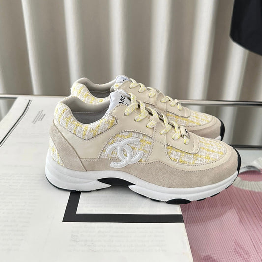 cc sneaker white yellow tweed dark cream calfskin