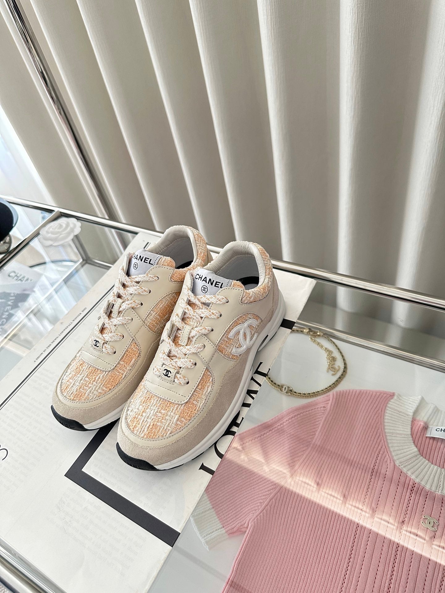 cc sneaker white orange tweed dark cream calfskin