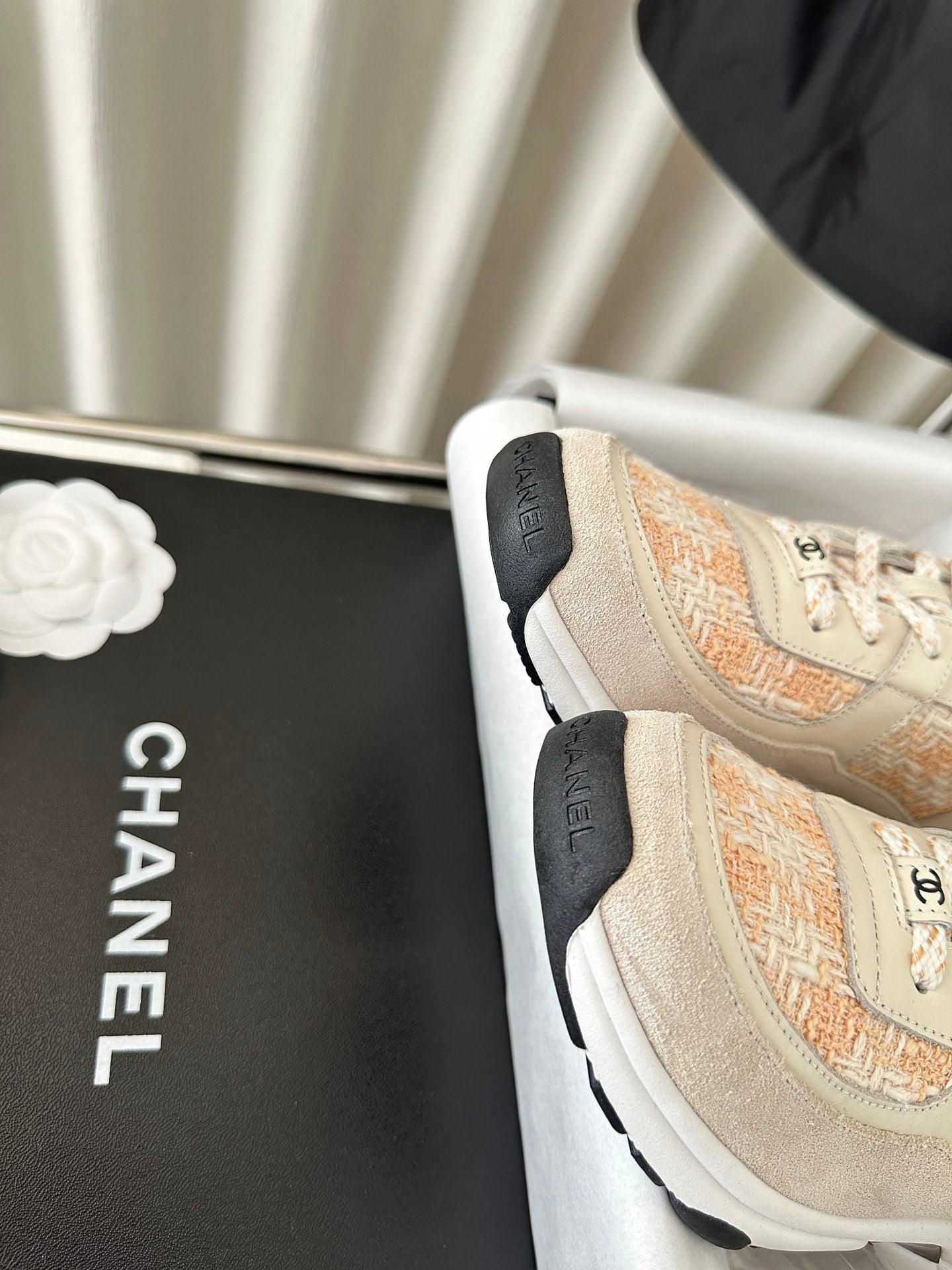 cc sneaker white orange tweed dark cream calfskin