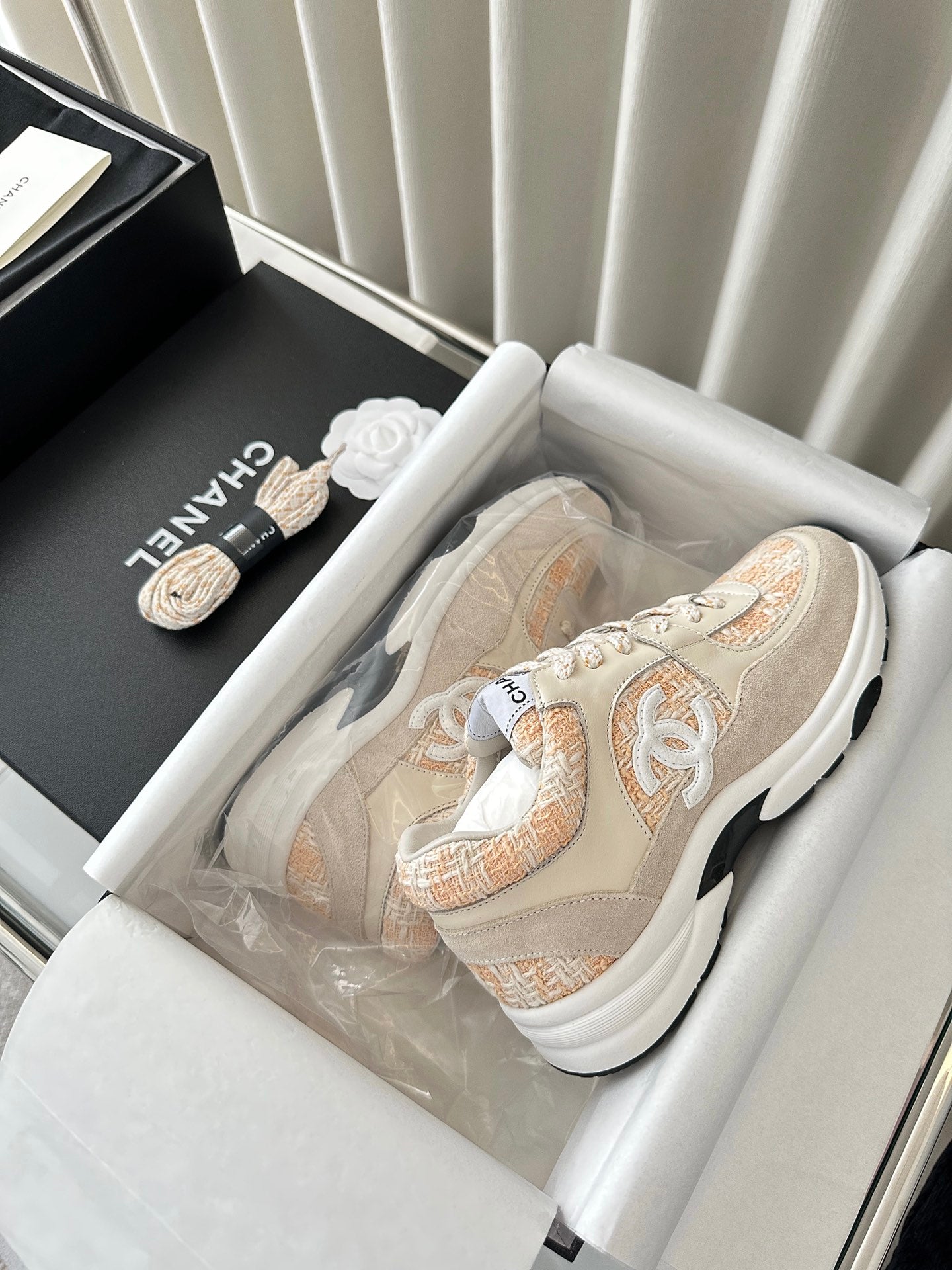 cc sneaker white orange tweed dark cream calfskin