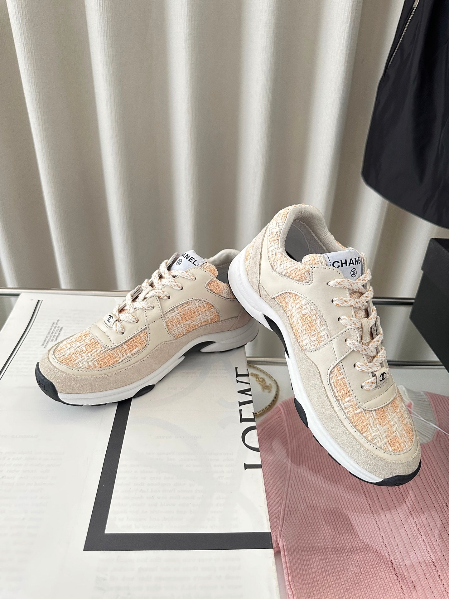 cc sneaker white orange tweed dark cream calfskin