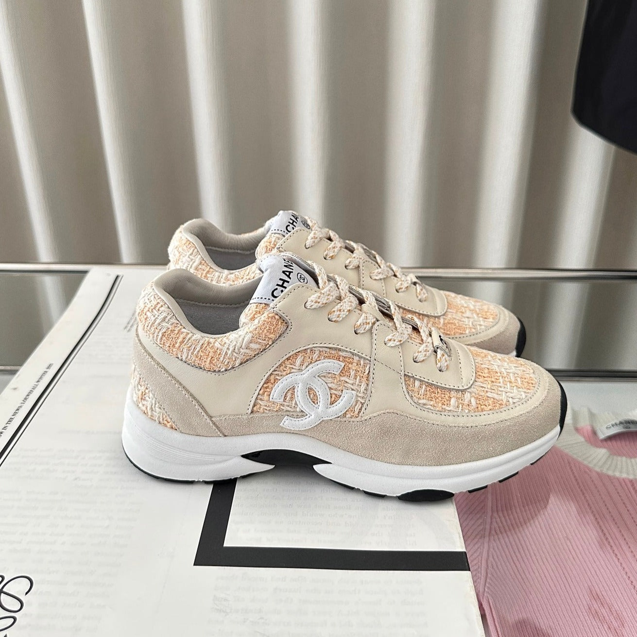 cc sneaker white orange tweed dark cream calfskin