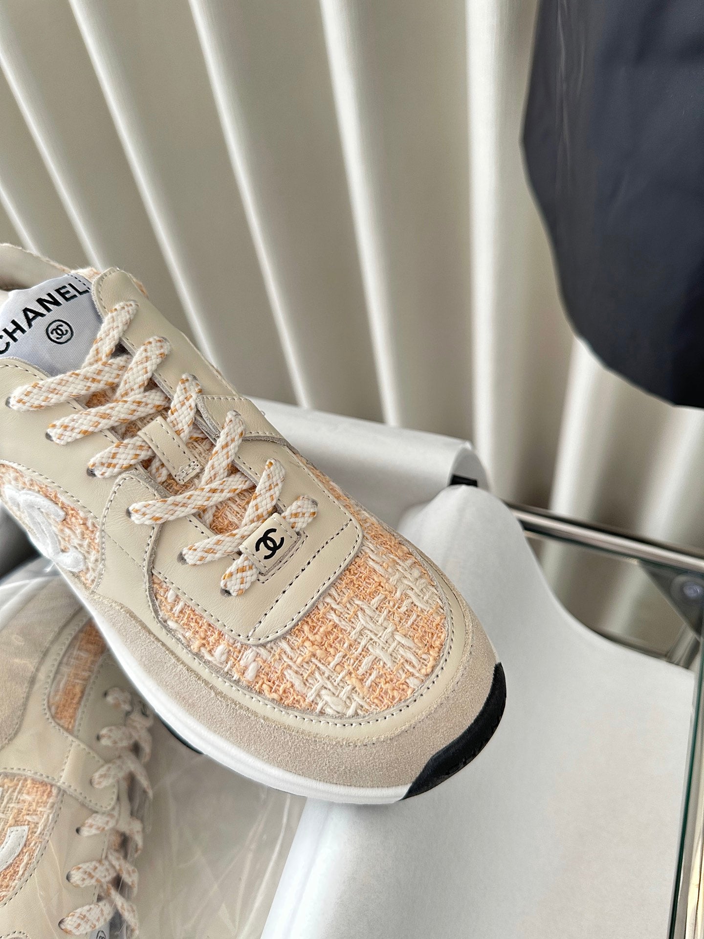 cc sneaker white orange tweed dark cream calfskin