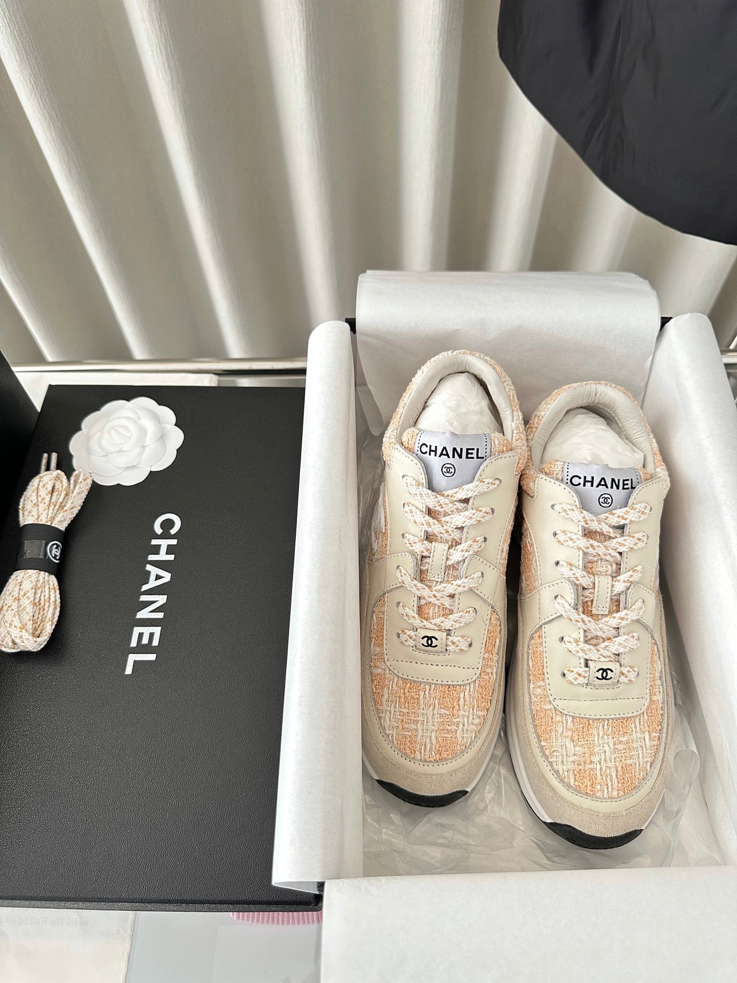 cc sneaker white orange tweed dark cream calfskin