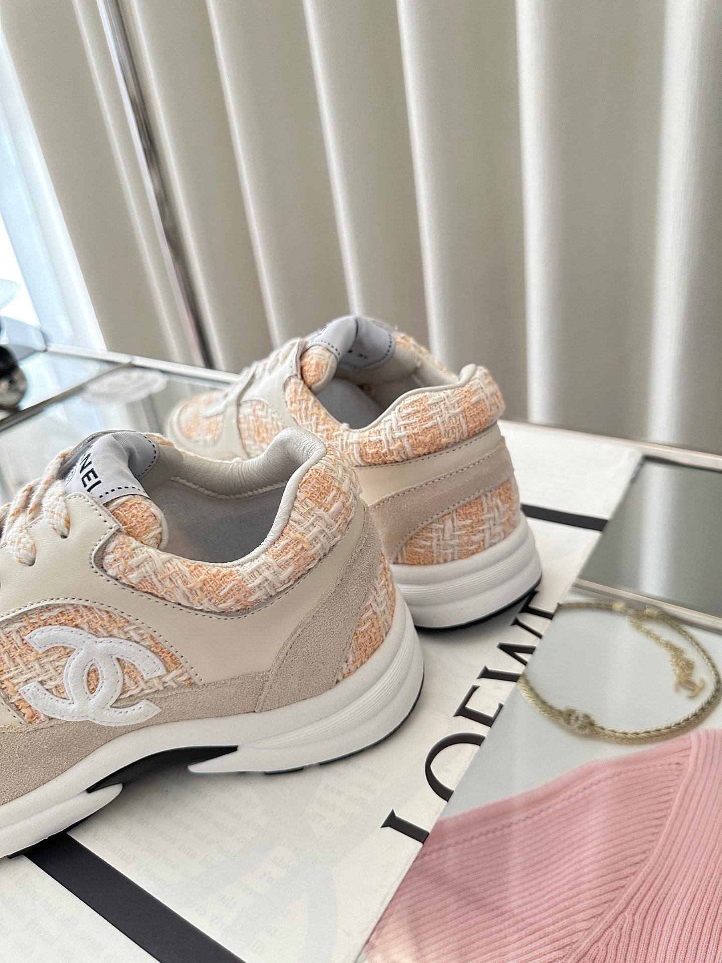 cc sneaker white orange tweed dark cream calfskin