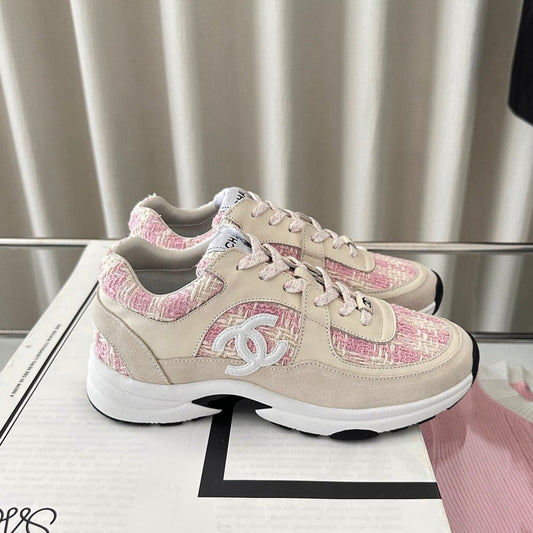 cc sneaker pink tweed dark cream calfskin suede calfskin