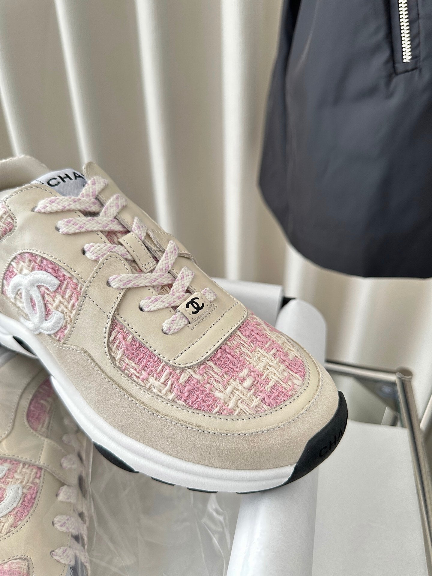 cc sneaker pink tweed dark cream calfskin suede calfskin