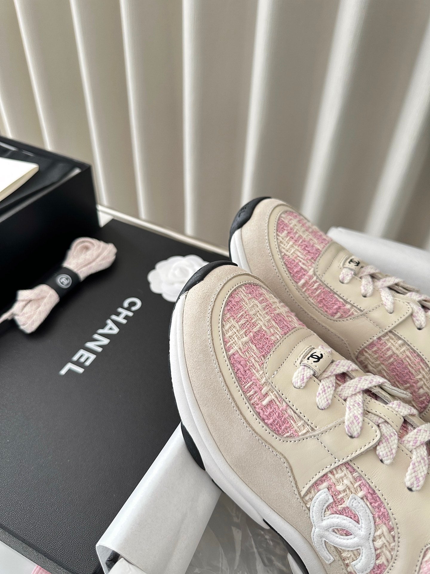 cc sneaker pink tweed dark cream calfskin suede calfskin