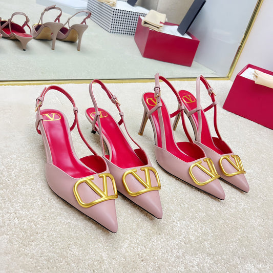 VLOGO SLINGBACK PUMP IN ROSE PINK CALFSKIN LEATHER WITH GOLD LOGO