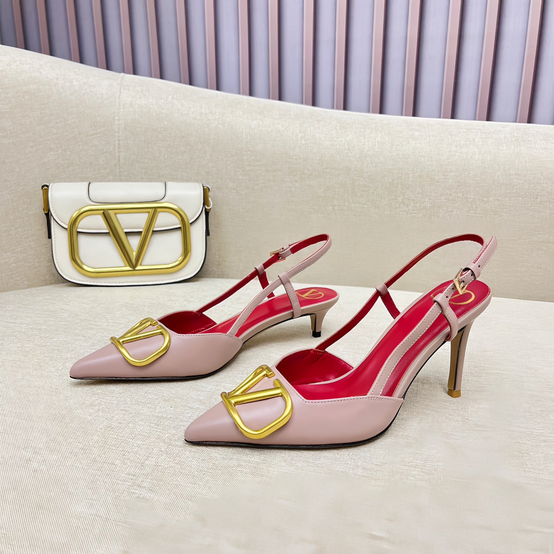 VLOGO SLINGBACK PUMP IN ROSE PINK CALFSKIN LEATHER WITH GOLD LOGO