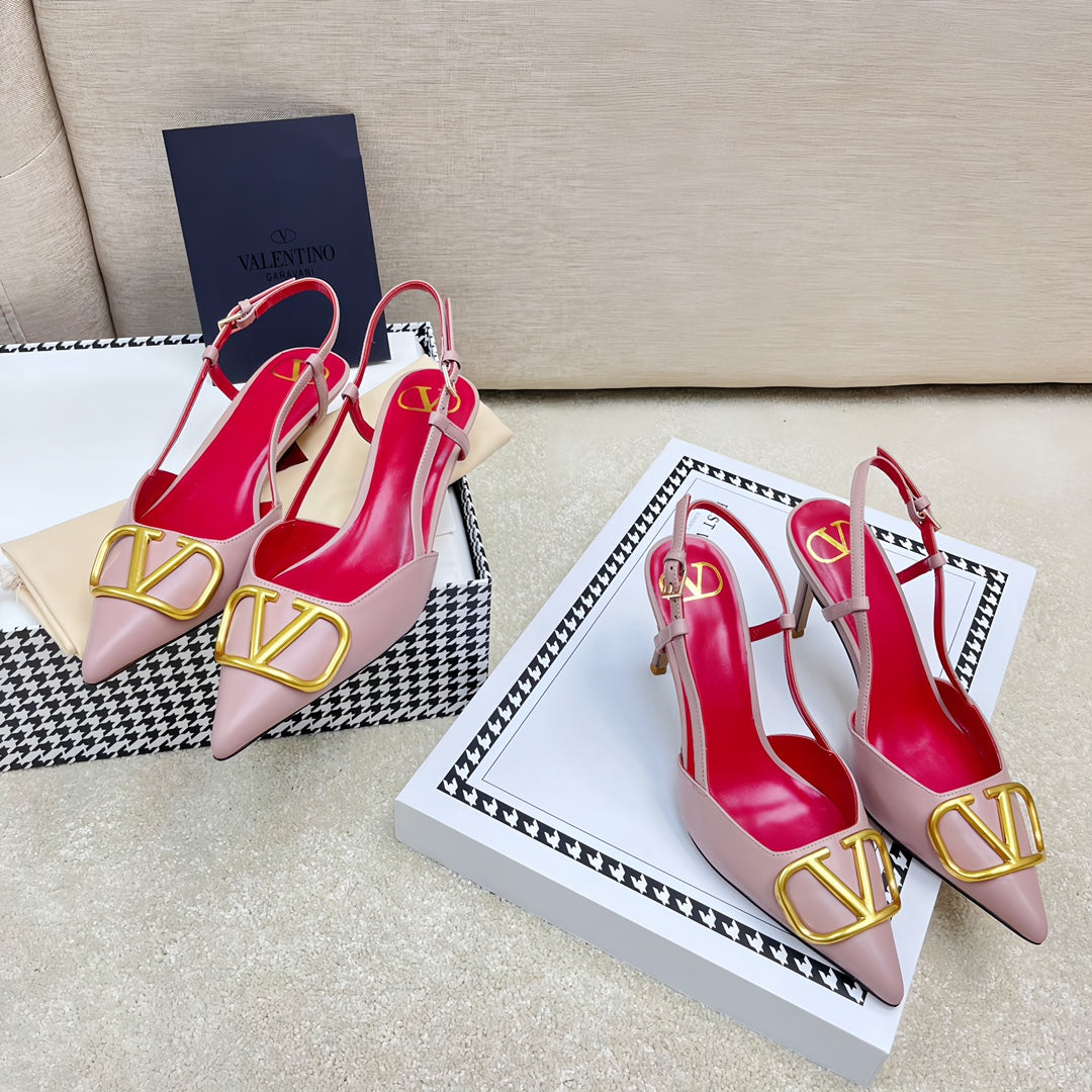 VLOGO SLINGBACK PUMP IN ROSE PINK CALFSKIN LEATHER WITH GOLD LOGO