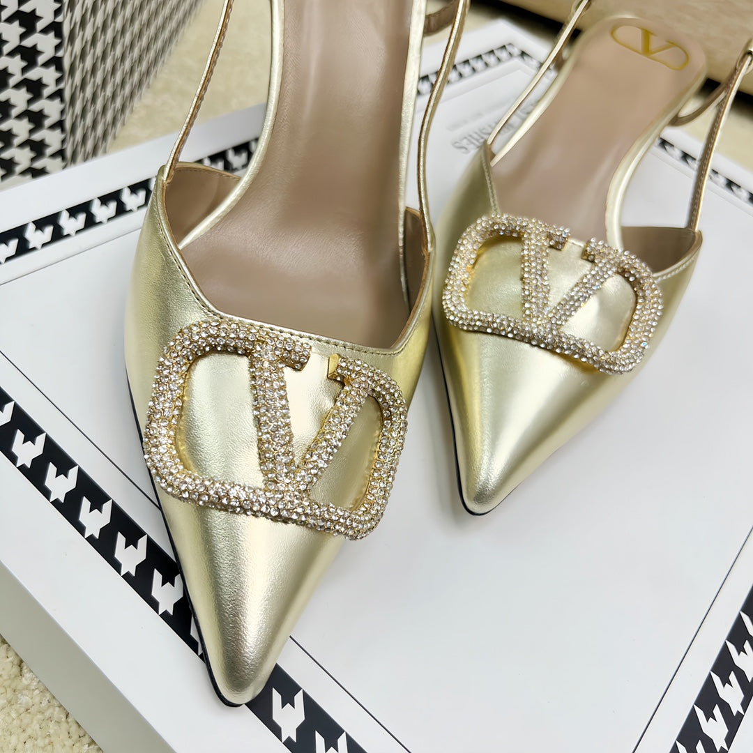 VLOGO SLINGBACK PUMP IN LIGHT GOLD CALFSKIN LEATHER