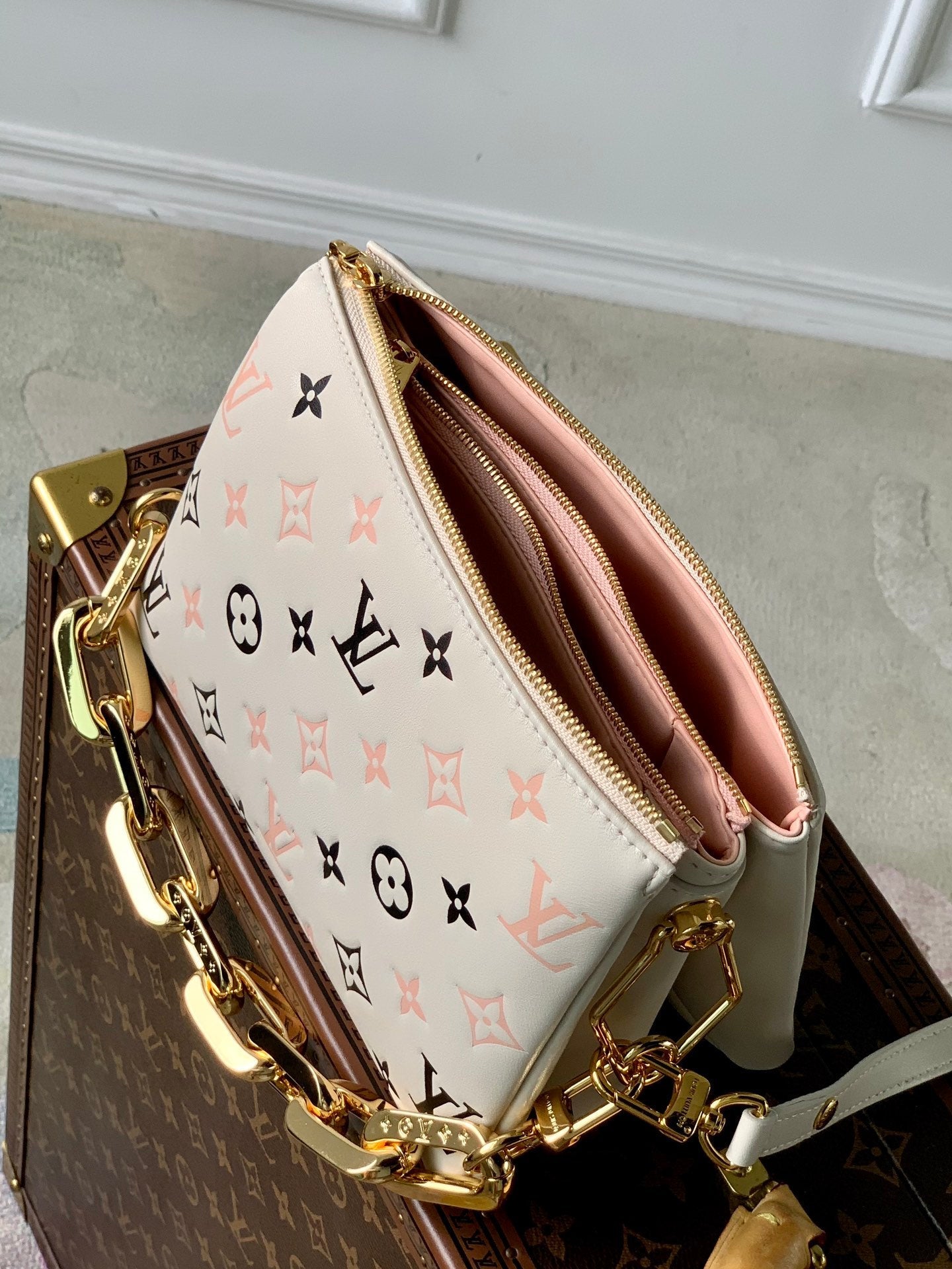 coussin bb 21 cream pink black monogram empreinte calfskin gold hardware