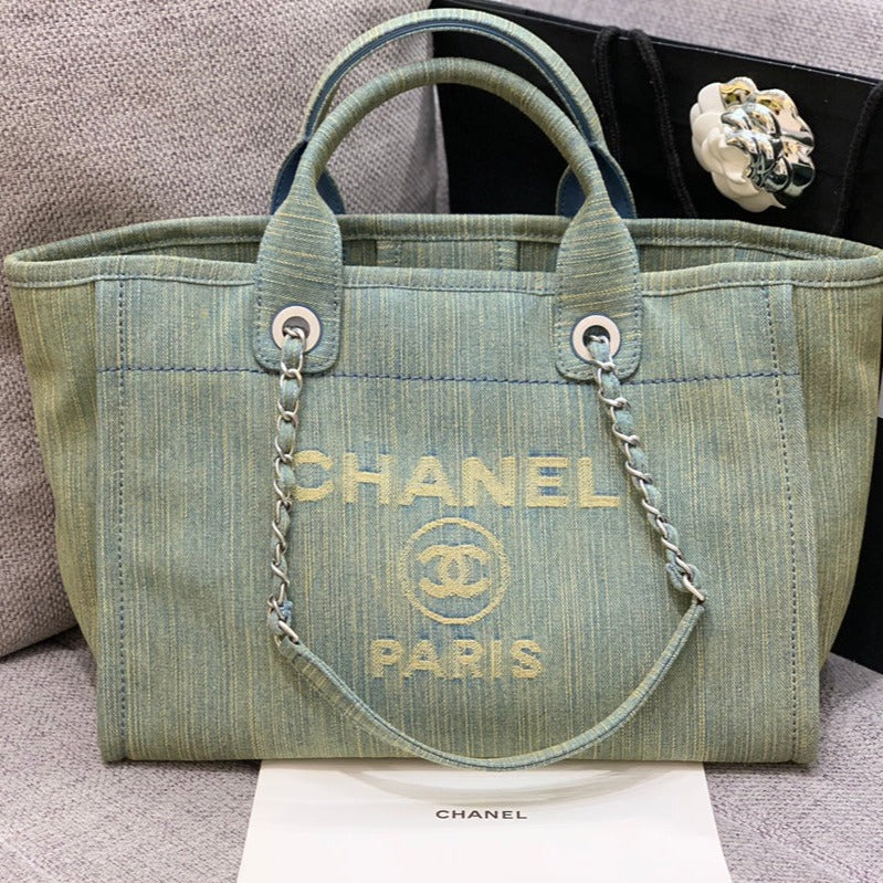 CC DEAUVILLE TOTE BAG 34CM KHAKI DENIM SILVER HARDWARE