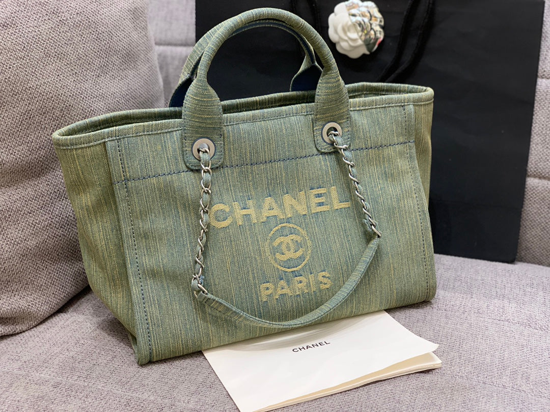 CC DEAUVILLE TOTE BAG 34CM KHAKI DENIM SILVER HARDWARE