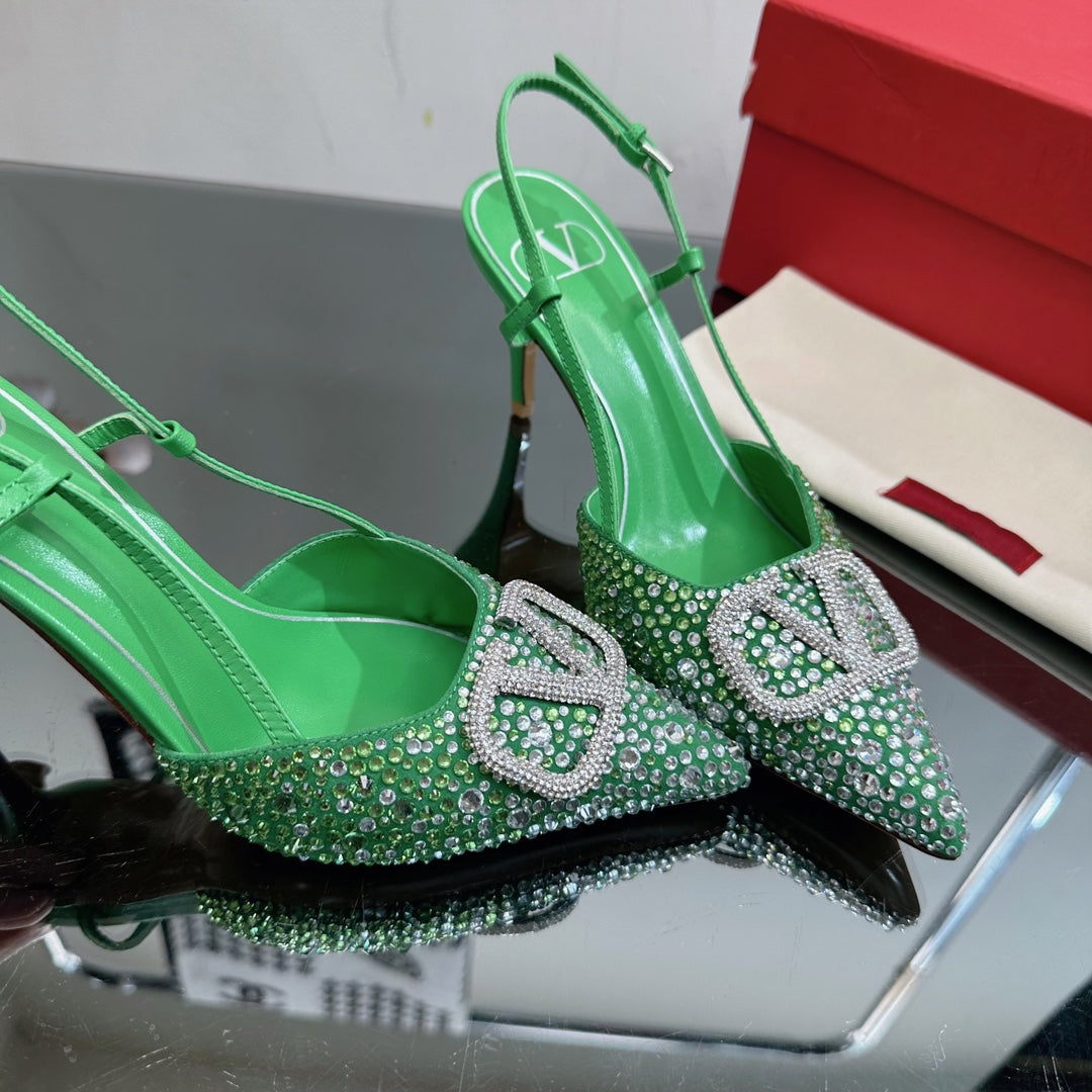 Vlogo Signature Slingback 70 Green Calfskin With Crystals