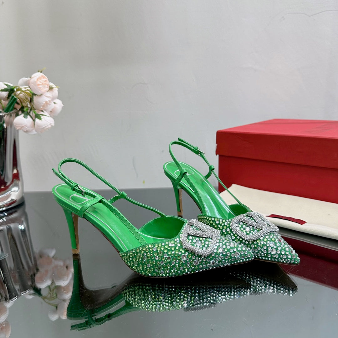 Vlogo Signature Slingback 70 Green Calfskin With Crystals