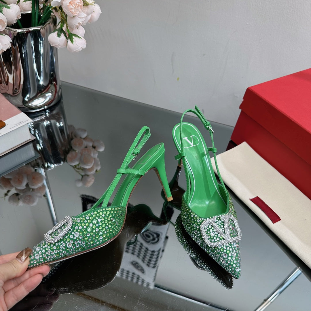 Vlogo Signature Slingback 70 Green Calfskin With Crystals