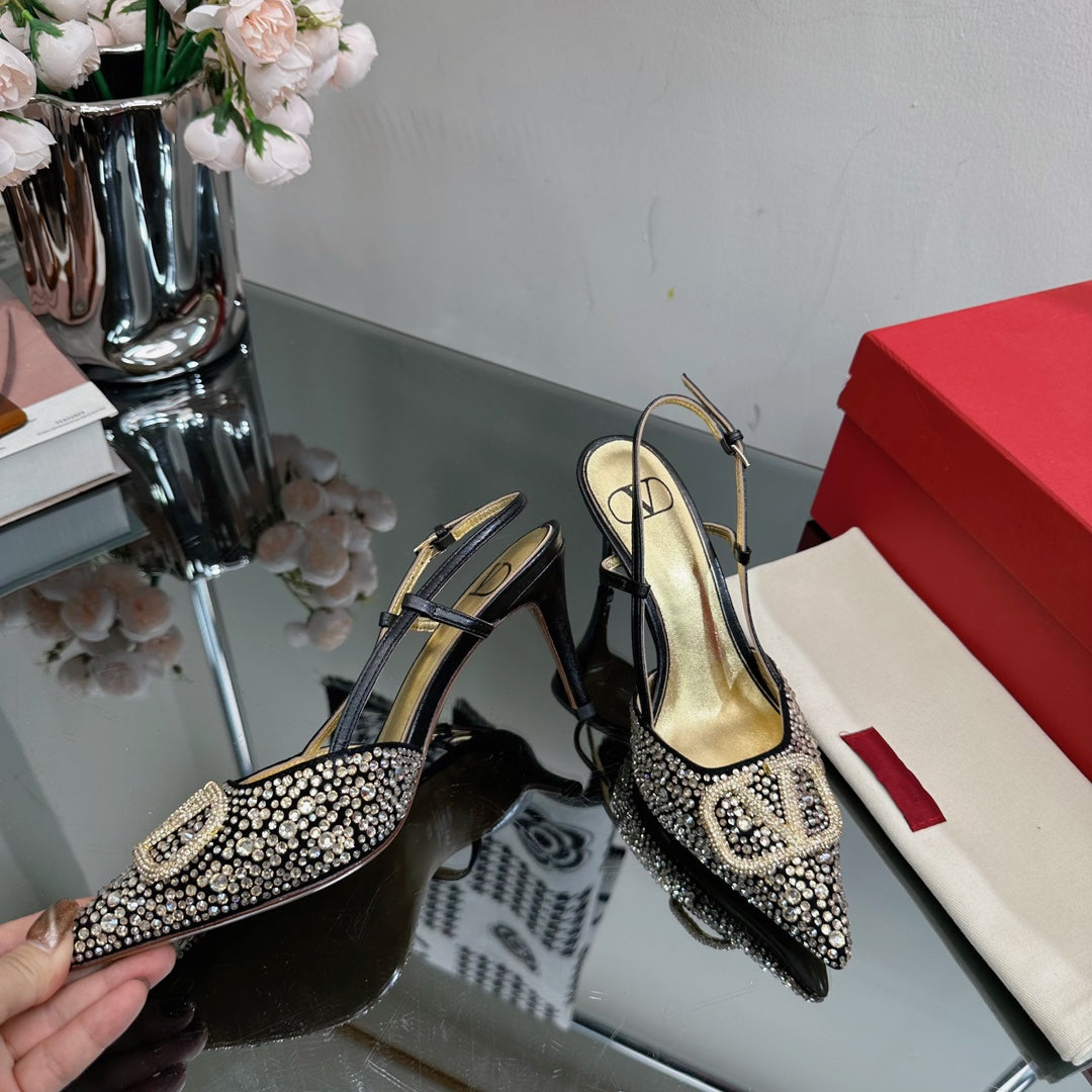 Vlogo Signature Slingback 70 Gold Black Calfskin With Crystals