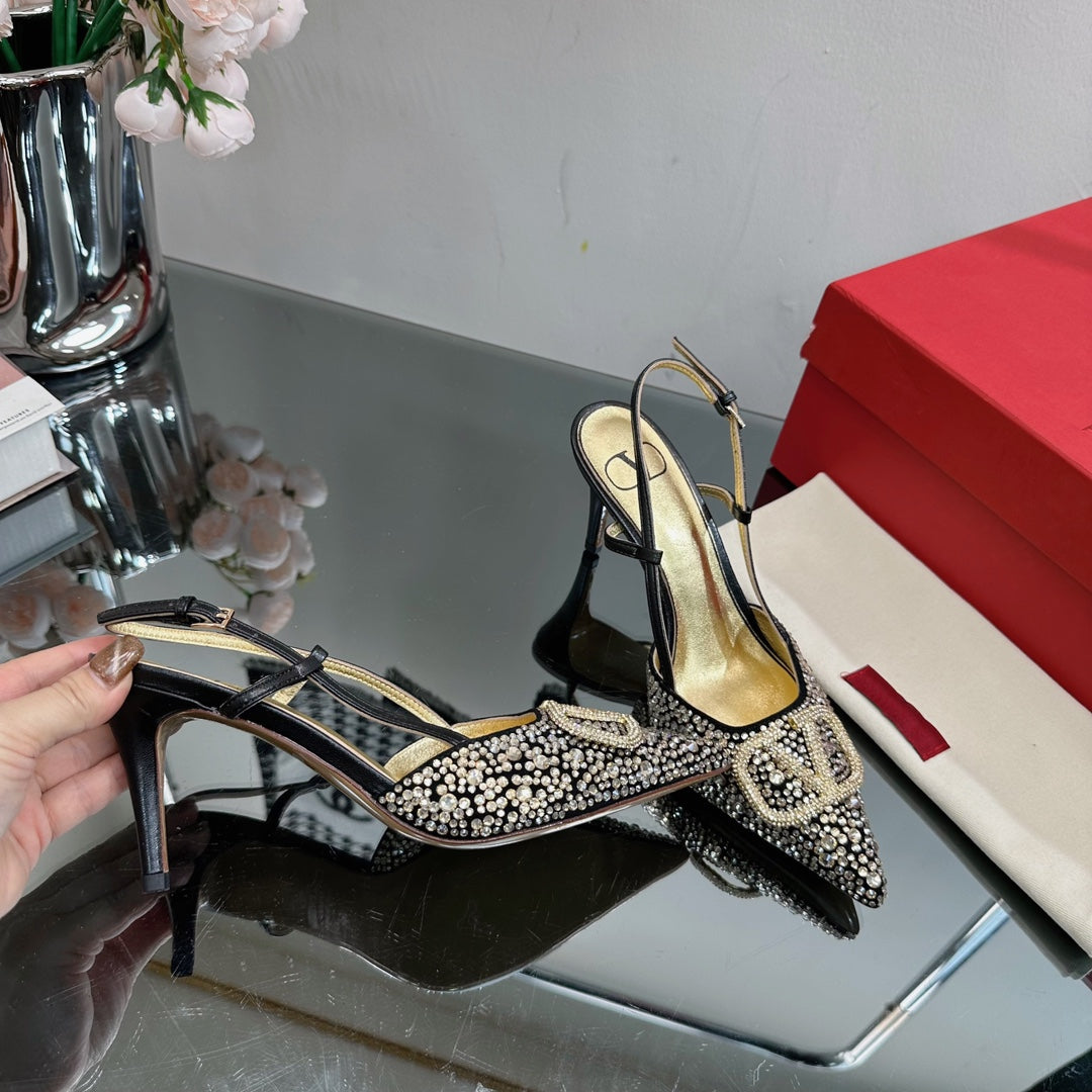 Vlogo Signature Slingback 70 Gold Black Calfskin With Crystals