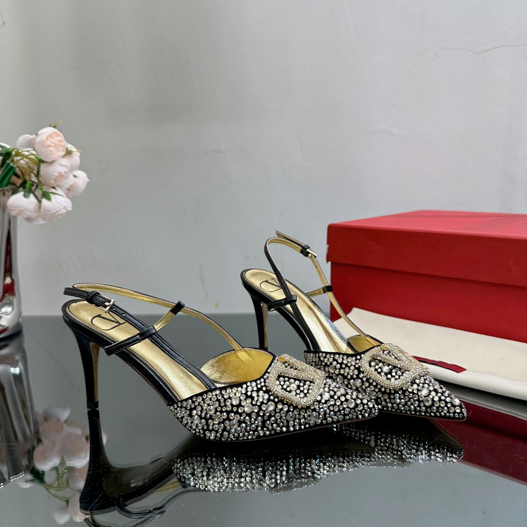 Vlogo Signature Slingback 70 Gold Black Calfskin With Crystals