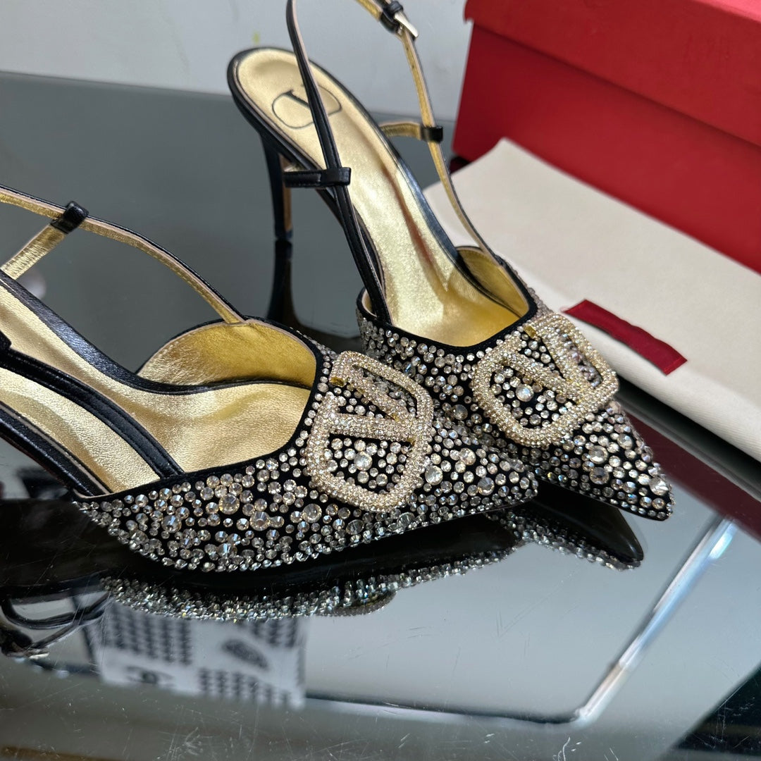 Vlogo Signature Slingback 70 Gold Black Calfskin With Crystals