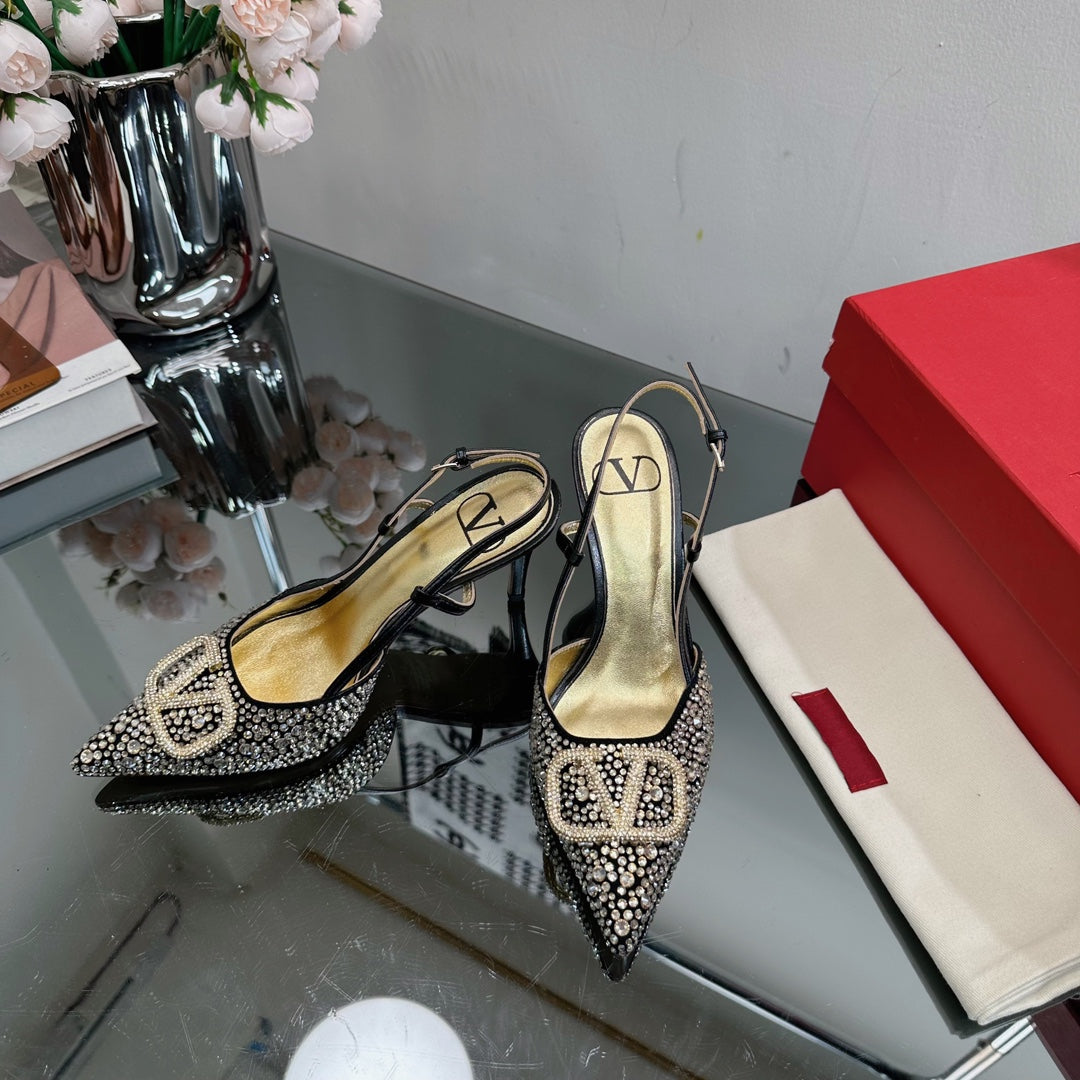 Vlogo Signature Slingback 70 Gold Black Calfskin With Crystals