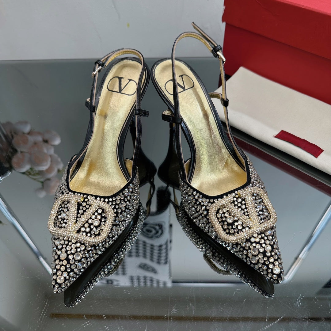 Vlogo Signature Slingback 70 Gold Black Calfskin With Crystals