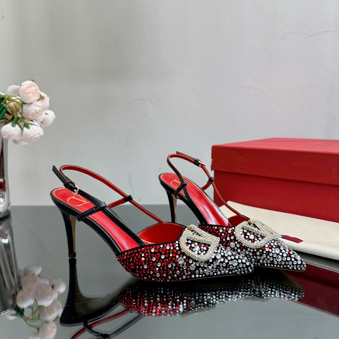 Vlogo Signature Slingback 70 Black Red Calfskin With Crystals