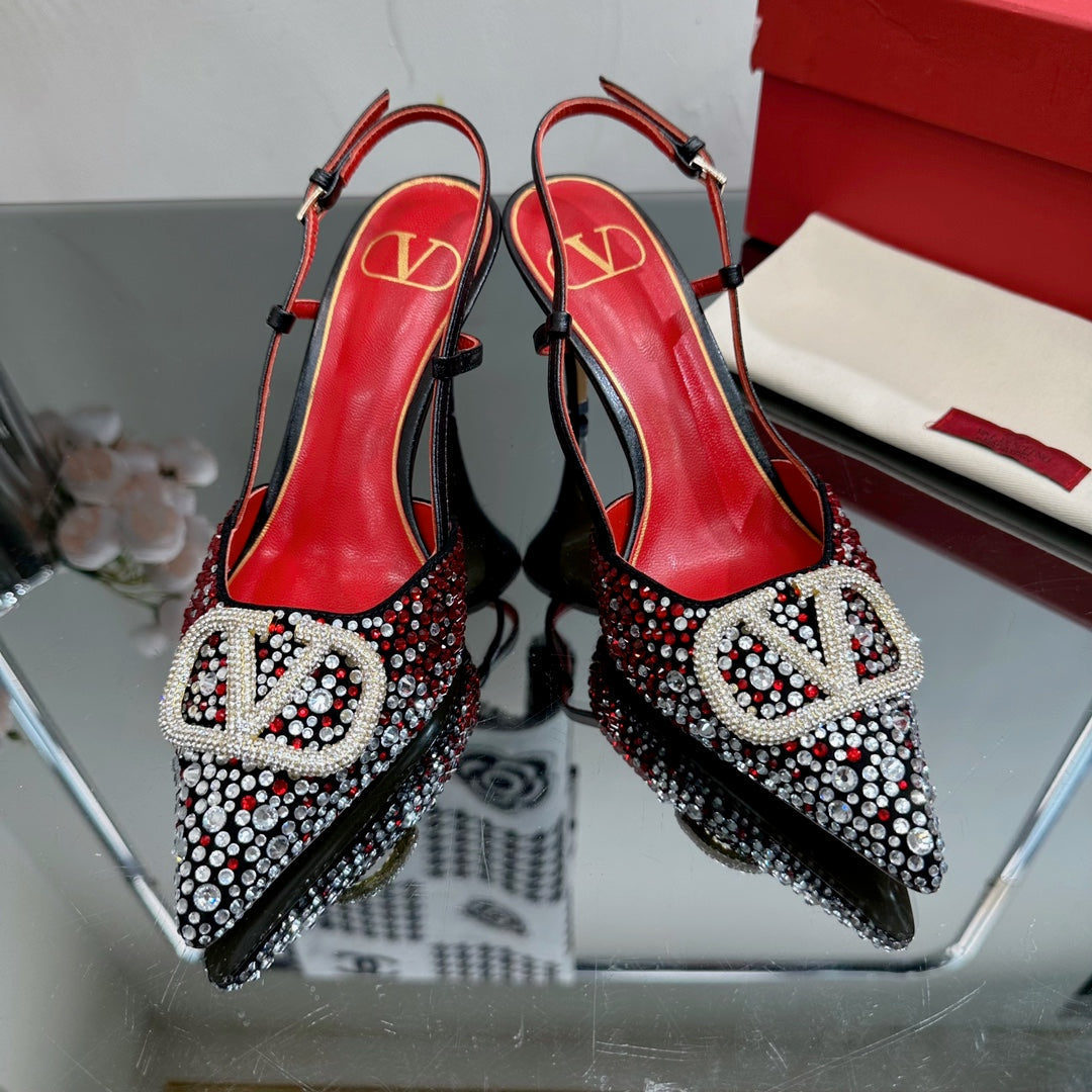 Vlogo Signature Slingback 70 Black Red Calfskin With Crystals