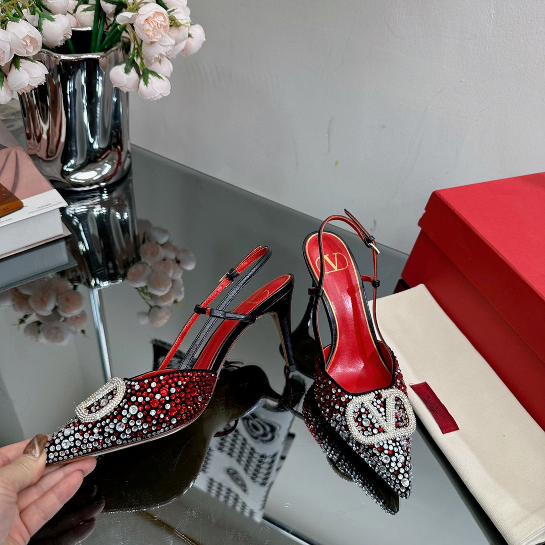 Vlogo Signature Slingback 70 Black Red Calfskin With Crystals