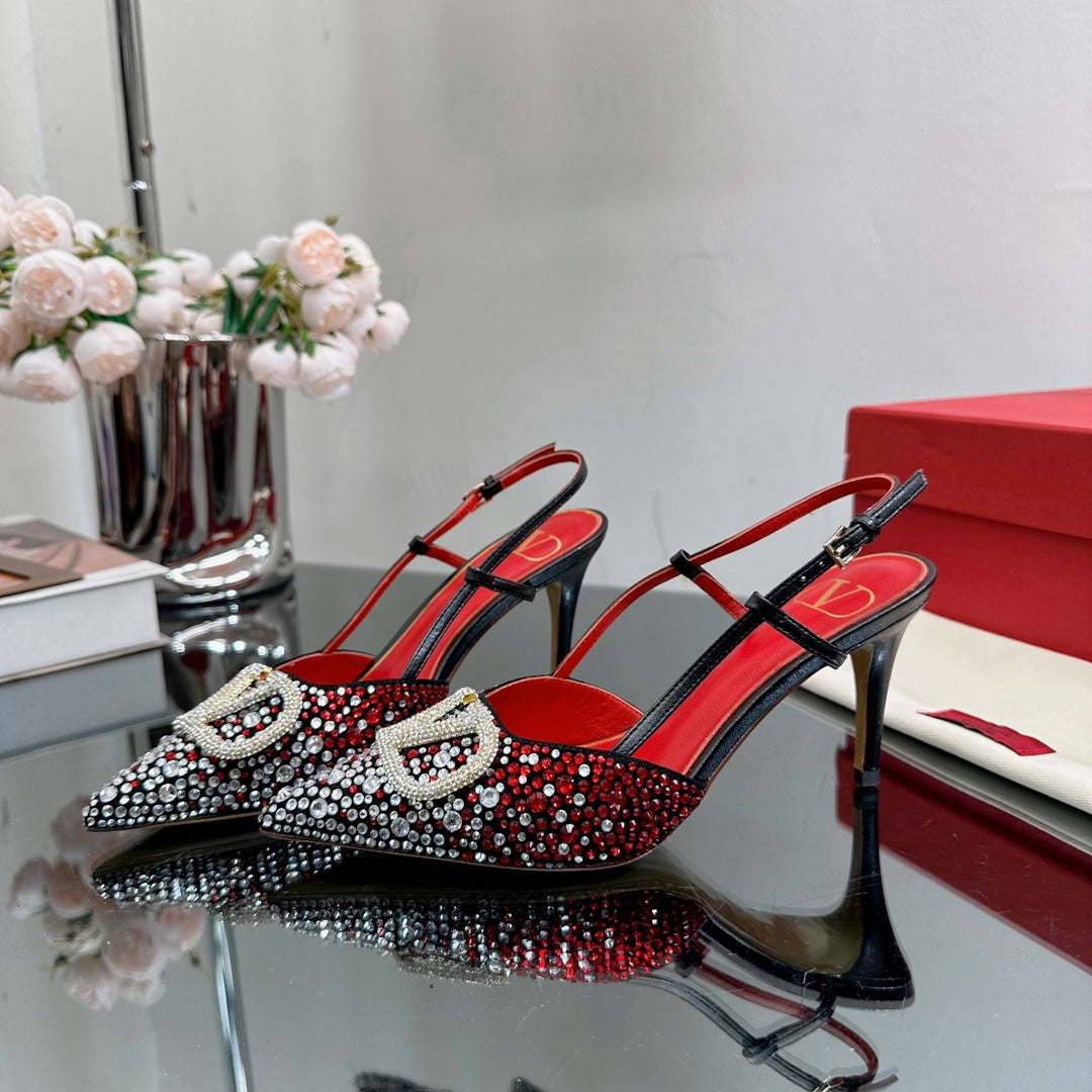 Vlogo Signature Slingback 70 Black Red Calfskin With Crystals