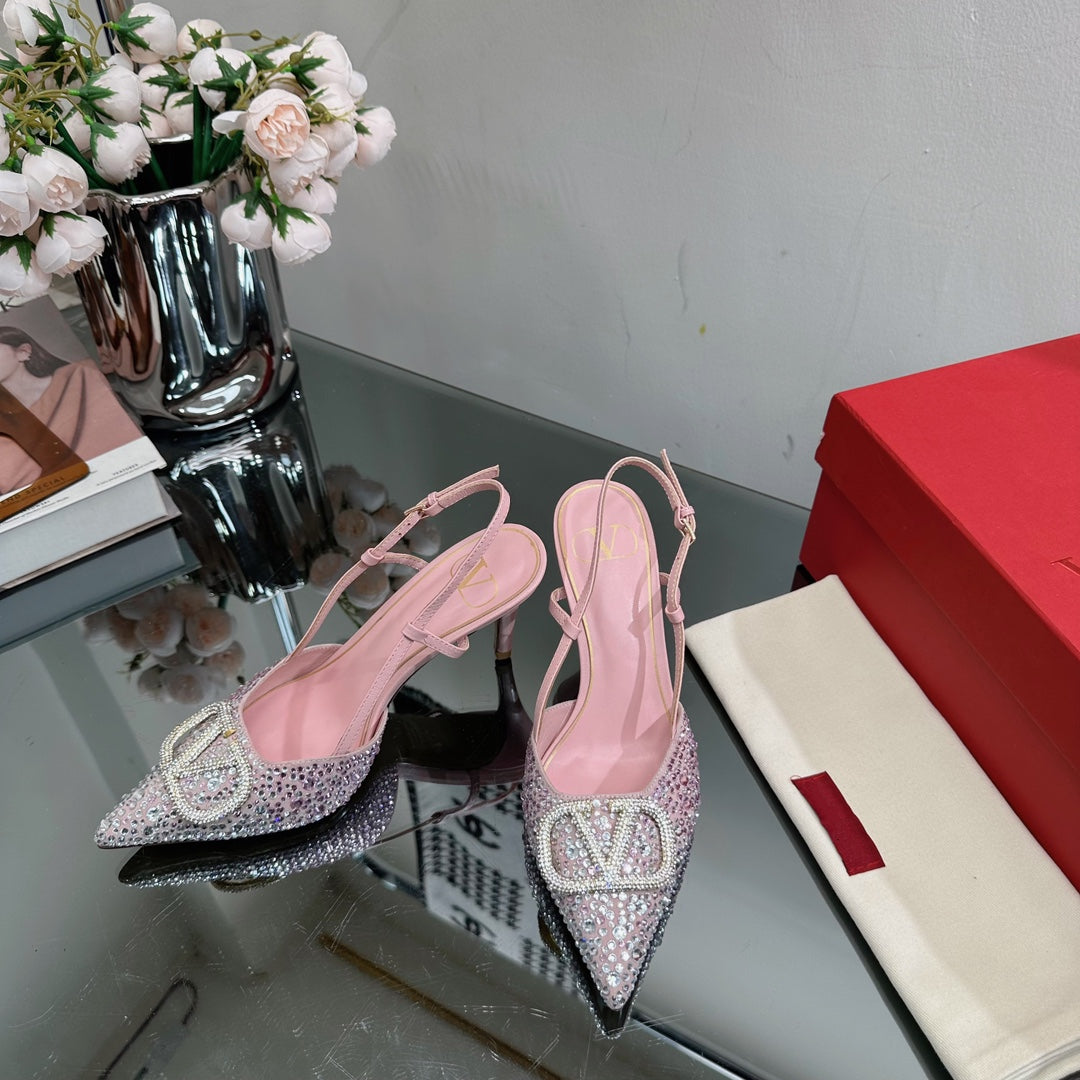 Vlogo Signature Slingback 70 Pink Calfskin With Crystals