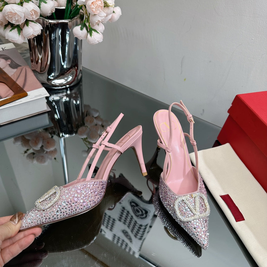 Vlogo Signature Slingback 70 Pink Calfskin With Crystals