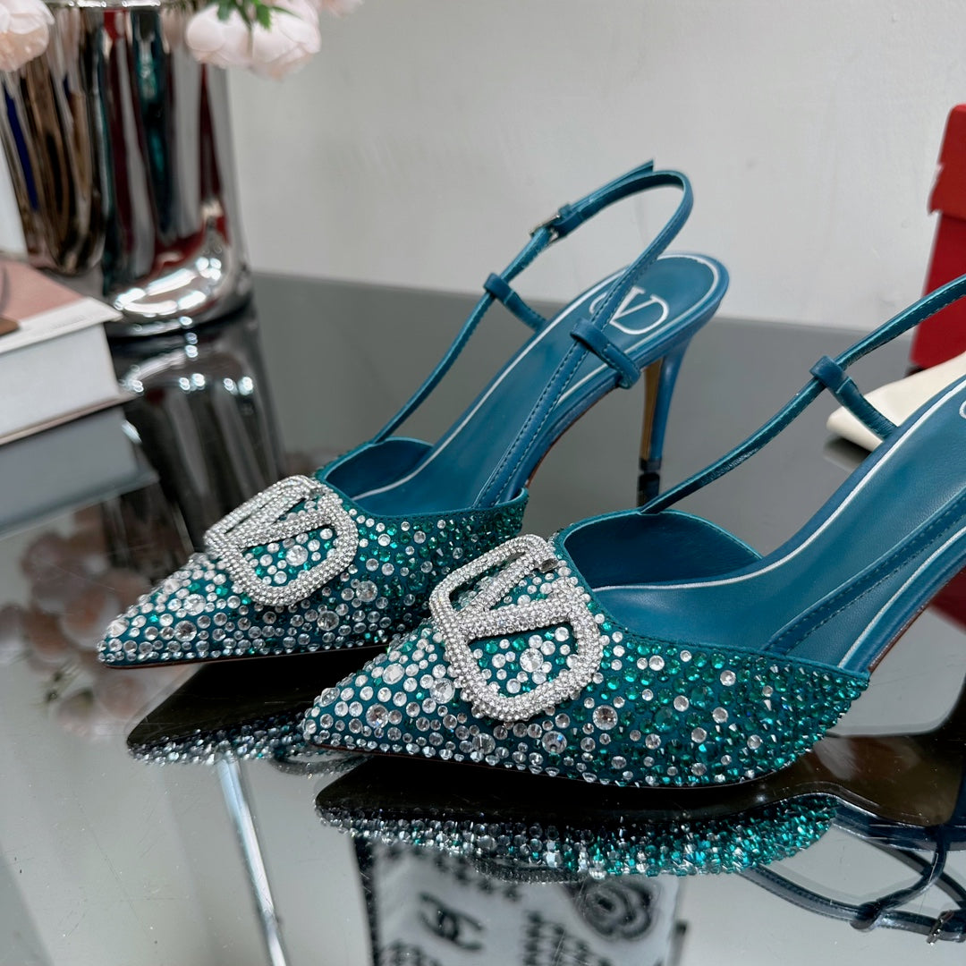 Vlogo Signature Slingback 70 Dark Blue Calfskin With Crystals